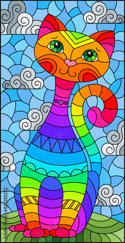 Illustration in stained glass style with abstract cute rainbow cat on a blue sky background with clouds, square image