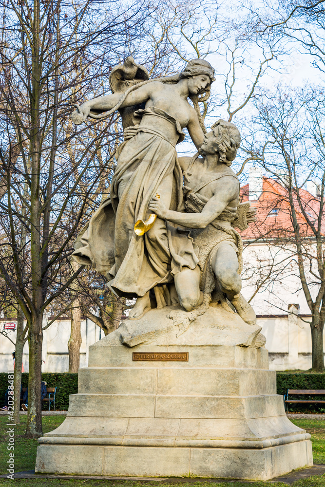 Prague, Czech republic - February 24, 2021. Historic statues of legends in Vysehrad park - Ctirad a Sarka