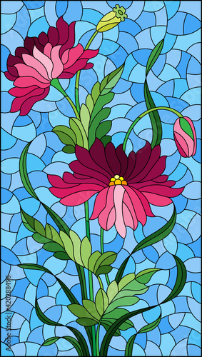 Illustration in stained glass style with pink poppies flowers on a blue sky background, rectangular image