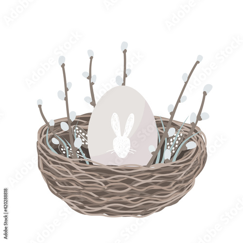 Easter composition with a nest, an egg, and pussy willow branches. Scandinavian style spring decoration, vector illustration isolated on white background