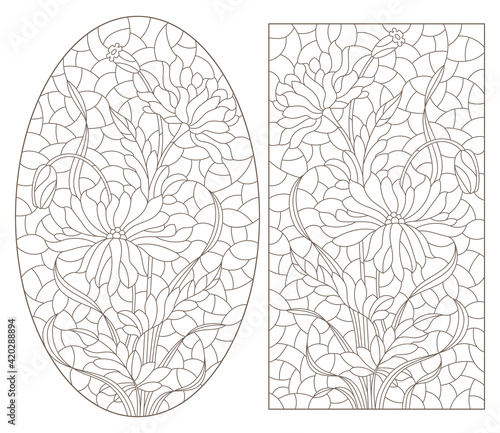 Set of illustrations in the stained glass style with bouquets of poppies, contoured flowers on a white background