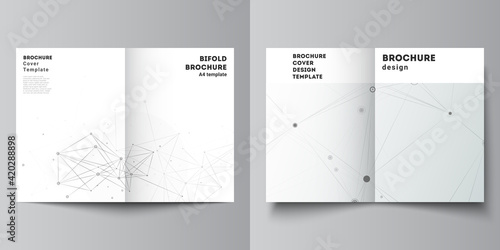 Vector layout of two A4 cover mockups templates for bifold brochure, flyer, magazine, cover design, book design. Gray technology background with connecting lines and dots. Network concept.