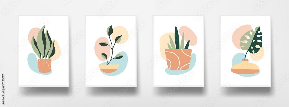 Botanical floral wall art set. Abstract plants graphics on white sheet of paper. Home decor wall posters. Flat design modern background. Vector illustration. Botanical floral wall art set. Abstract plants graphics on white sheet of paper. Home decor wall posters. Flat design modern background. Vector illustration.