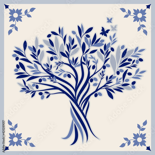 Illustrated ceramic tile. Olive tree hand drawn and butterfiles isolated