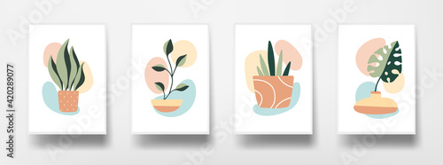 Botanical floral wall art set. Abstract plants graphics on white sheet of paper. Home decor wall posters. Flat design modern background. Vector illustration.