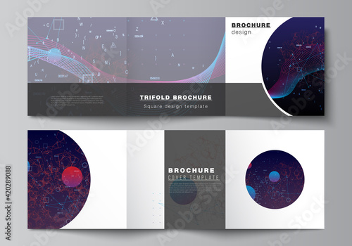 Vector layout of square covers templates for trifold brochure, flyer, cover design, book design, brochure cover. Artificial intelligence, big data visualization. Quantum computer technology concept.