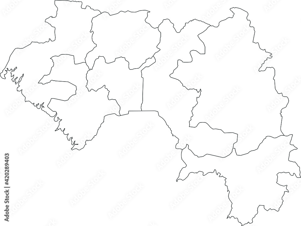 White vector map of the Republic of Guinea with black borders of its regions