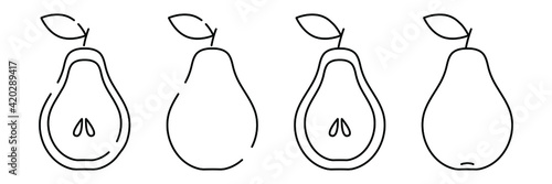 Pear. Minimalistic simple fruit element. Outline, line, doodle style. Sliced pears with seeds. Isolated on a white background. Vector illustration.