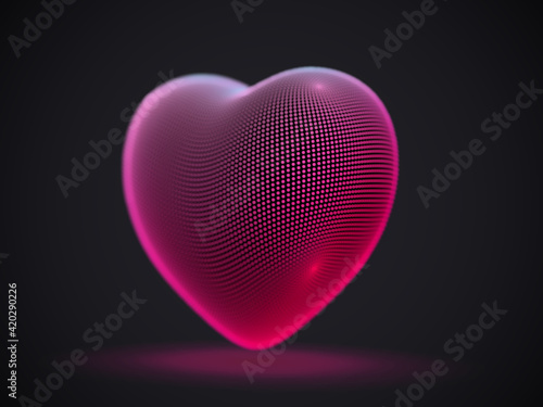3D digital futuristic pink heart on gray background. Abstract vector illustration of online dating and virtual love. Concept of social media: digital heart icon. Greeting postcard for Valentines Day.
