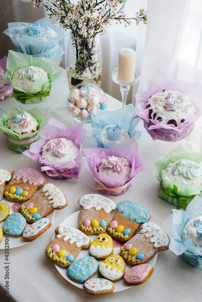 Beautiful Easter cakes on a decorated light table. A light holiday of Easter. Beautiful Easter cakes on a decorated light table. A light holiday of Easter.