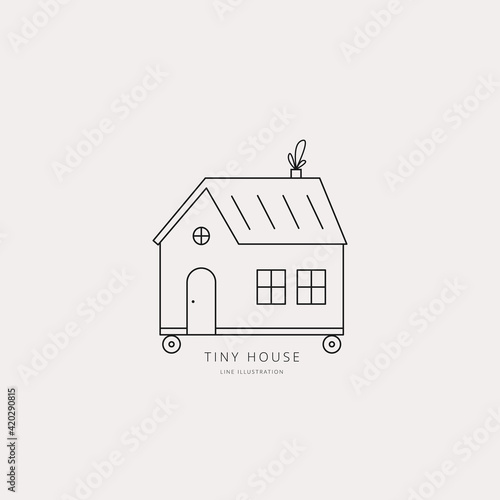 Vector outline illustration of tiny little house on wheels. Flat linear style. Editable stroke.