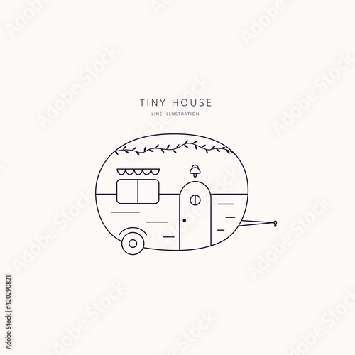Vector illustration of tiny little house on wheels. Trailer, caravan, gypsy home. Flat linear style. Editable stroke.