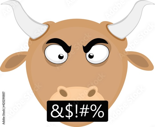 Vector emoticon illustration of a cartoon bull's head with an angry and insult expression