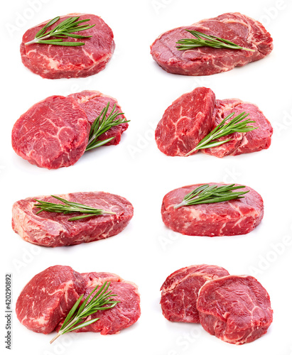 Steak meat isolated on white background. Fresh peach fruits. Fresh raw meat collection Clipping Path.