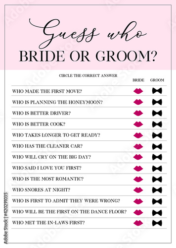 Guess Who Bride or Groom Game, Bridal Shower Games, printable vector card