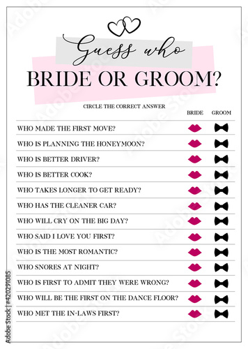 Guess Who Bride or Groom Game, Bridal Shower Games, printable vector card