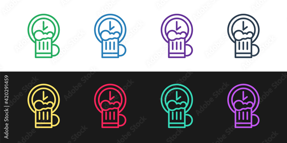 Set line Happy hour with wooden beer mug icon isolated on black and white background. Vector Set line Happy hour with wooden beer mug icon isolated on black and white background. Vector