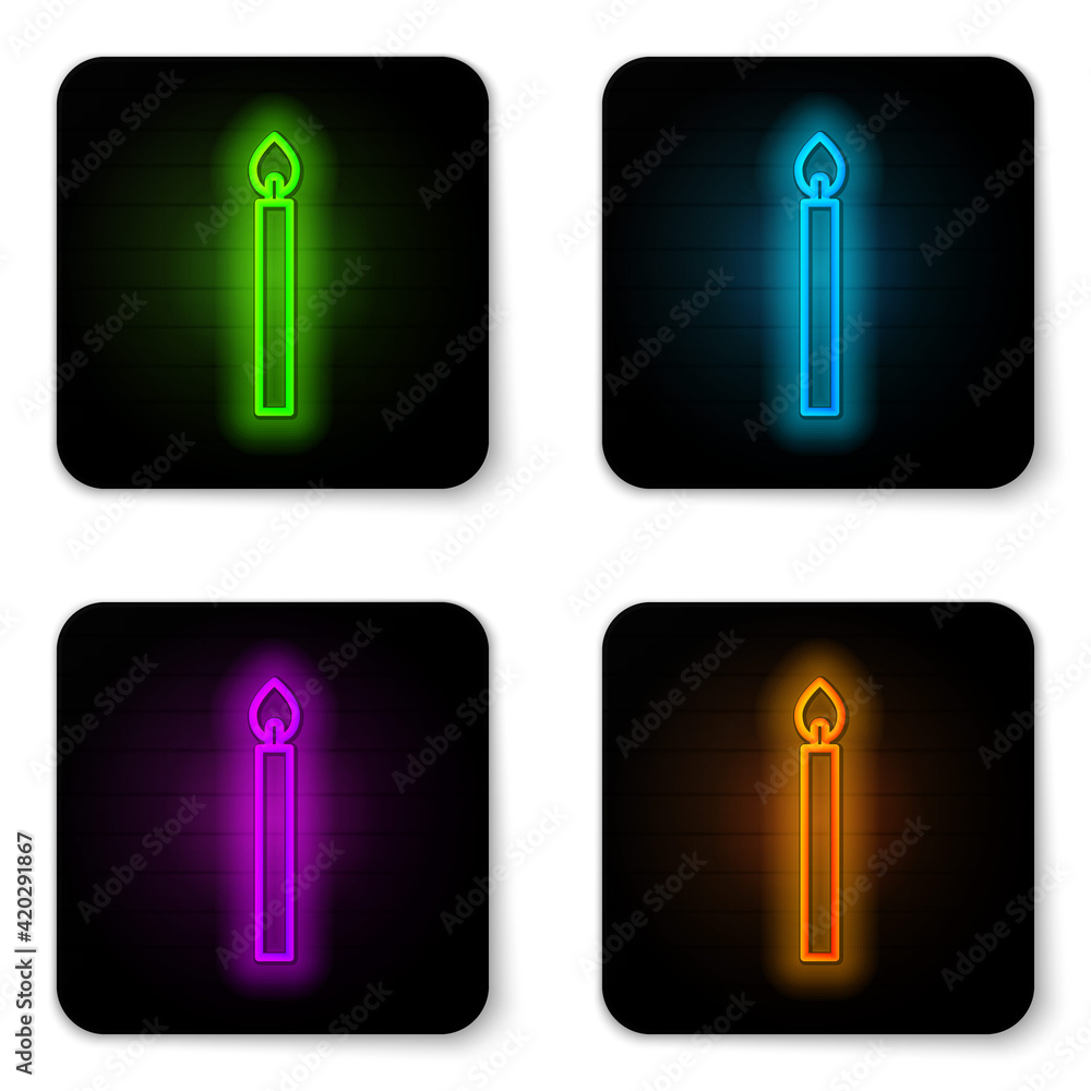 Glowing neon line Burning candle icon isolated on white background. Cylindrical candle stick with burning flame. Black square button. Vector Glowing neon line Burning candle icon isolated on white background. Cylindrical candle stick with burning flame. Black square button. Vector