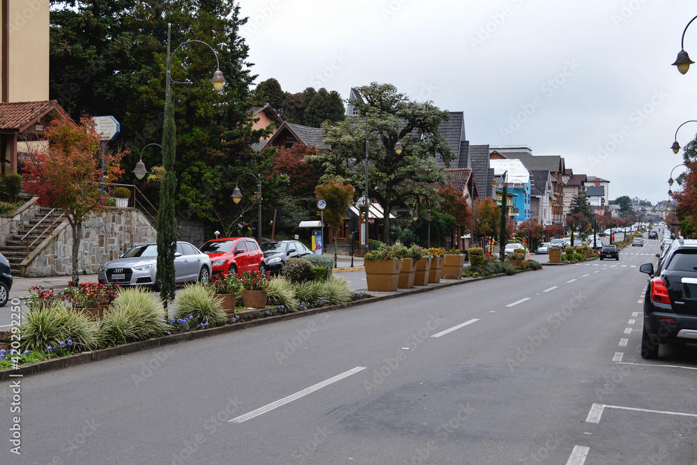 Downtown streets of the touristic Gramado city, south of Brazil, on a cloudy day.