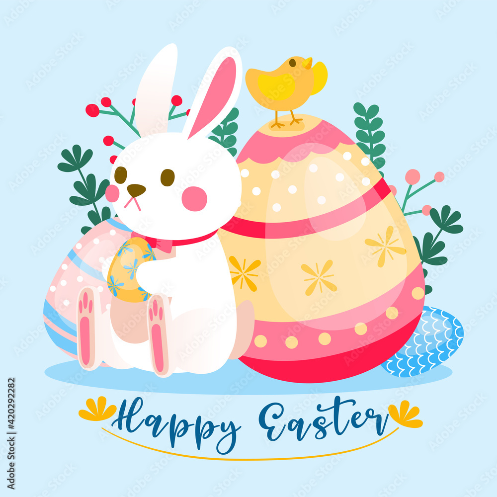 Bunny Easter and Chick With Giant Easter Eggs in Easter Day Bunny Easter and Chick With Giant Easter Eggs in Easter Day