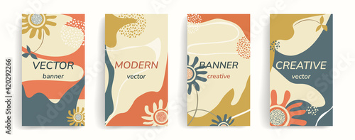 Design template for social media posts, stories, banners, mobile apps, web, print, ads. Vector layout with copy space for text, abstract shapes, florals. Trendy colors, gold, teal, orange, beige