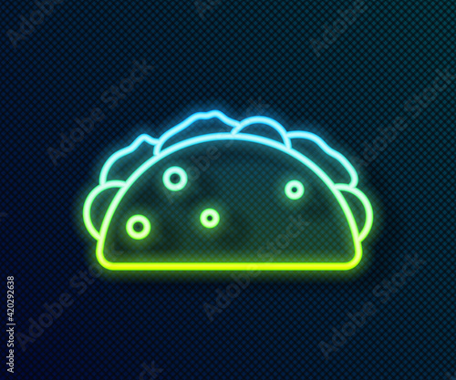 Glowing neon line Taco with tortilla icon isolated on black background. Traditional mexican fast food menu. Vector