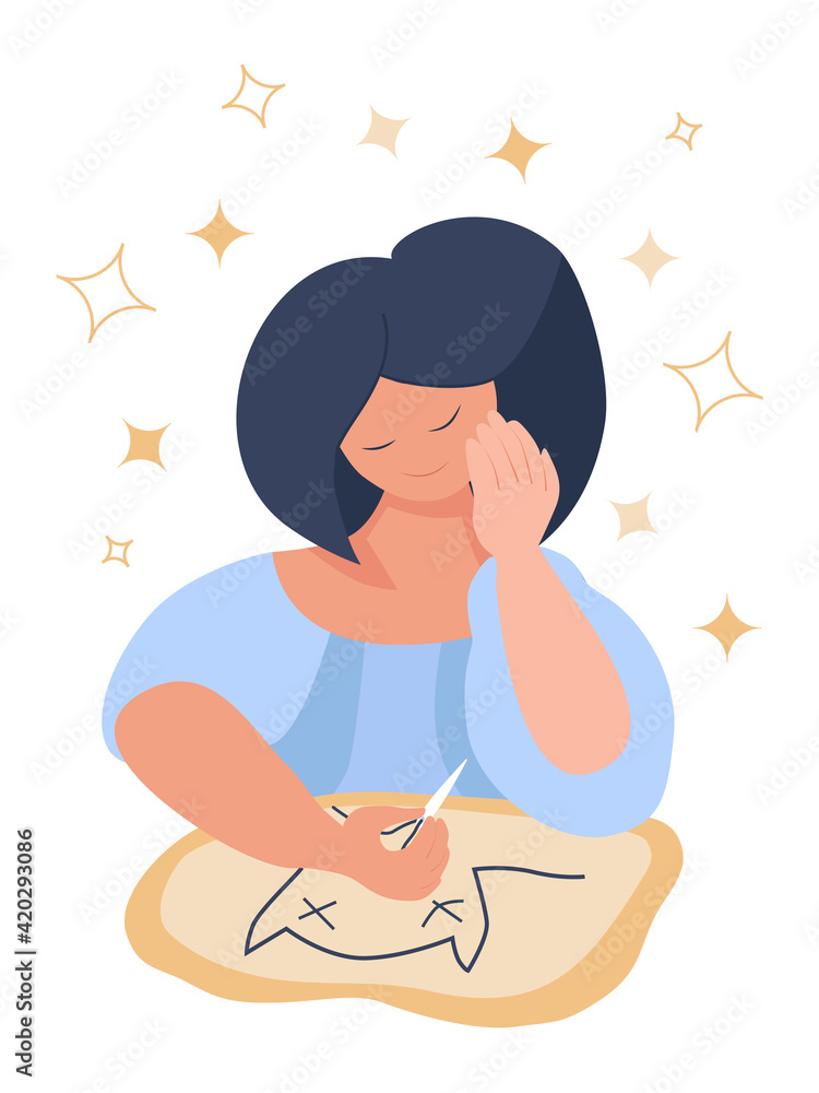 A satisfied embroidery girl, holding a needle and thread in her hands and looking at the canvas with embroidery on the embroidery drawing of a cat A satisfied embroidery girl, holding a needle and thread in her hands and looking at the canvas with embroidery on the embroidery drawing of a cat