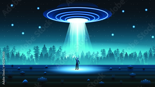 Abstract Sky Forest Background Silhouette With Flying Sauce Ufo NIght Kidnaps People Vector Design Style