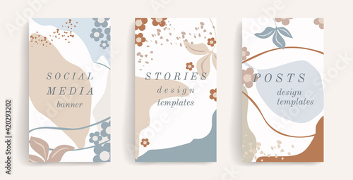 Vector design template for social media post, story, banner, mobile, web, ad. Layout with copy space for text, abstract shapes, flowers, leaves. Stylish natural colors, gray, white, beige, blue, brown
