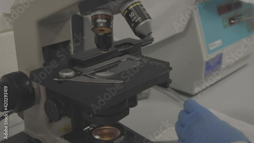 scientist with gloves analyzes sample under the microscope