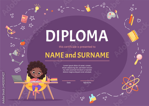 Online kids diploma certificate for kindergarten or Elementary school with a cute black girl with curly dark hair making homework on background with hand-drawn elements. Vector cartoon illustration