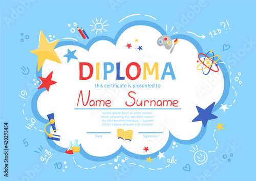 Colorful school and preschool diploma certificate for kids and children in kindergarten or primary grades with school pack, kit on blue background. Vector cartoon flat illustration