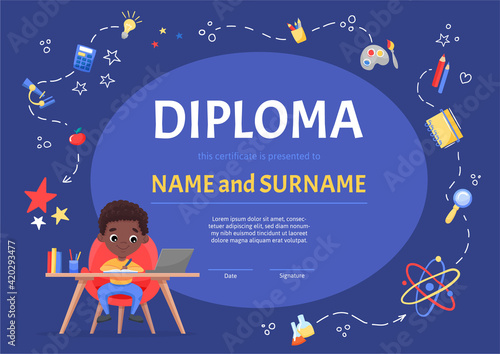 Online certificate children diploma for kindergarten or Elementary Preschool with a cute black boy sitting at the table and making the homework. Vector cartoon flat illustration on blue background