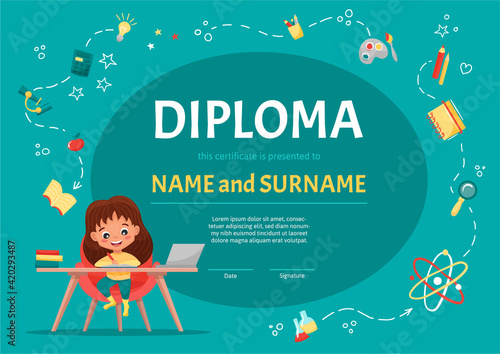 Diploma certificate for kids or children in kindergarten or elementary school with a cute girl making homework at table on background with hand-drawn elements. Vector cartoon illustration