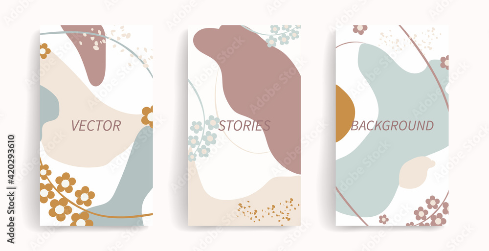 Vector design template for social media posts, stories, banners, mobile, ads. Layout with copy space for text, abstract shapes, flowers, leaves. Stylish natural colors. Organic design, natural motifs