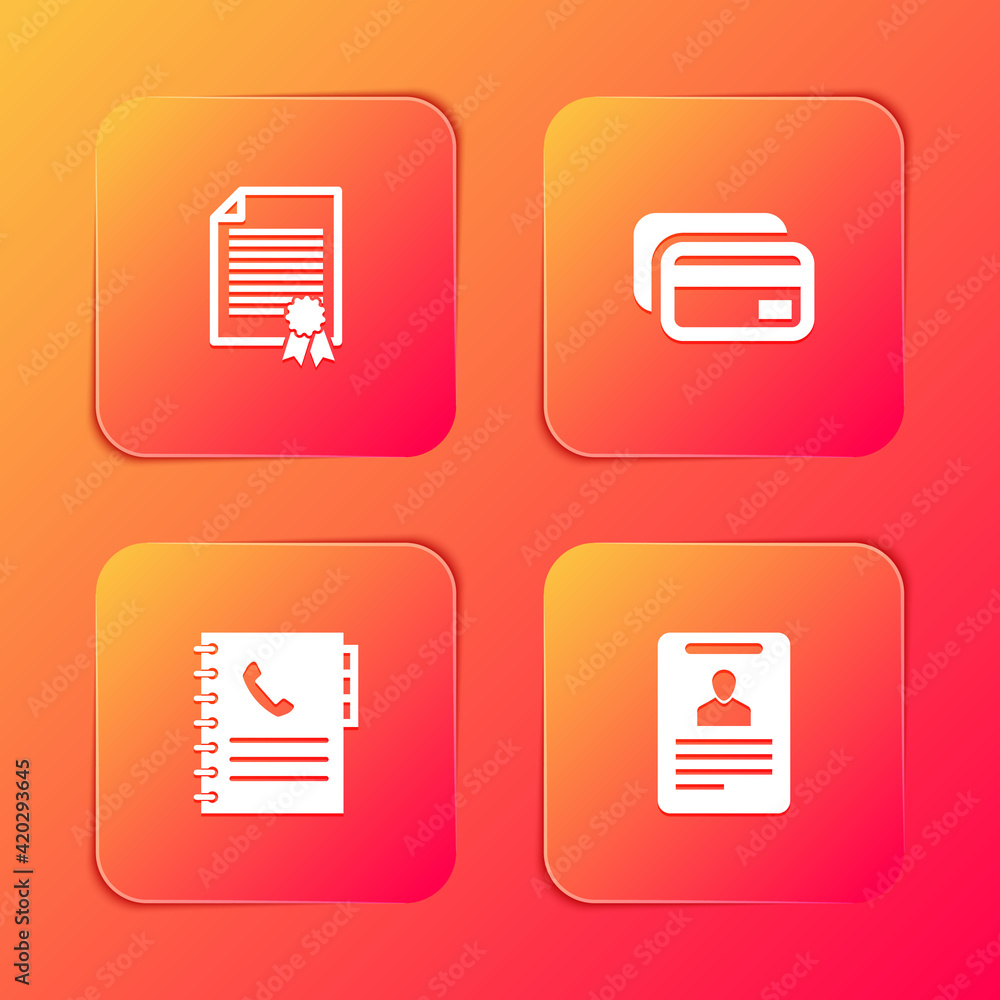 Set Certificate template, Credit card, Phone book and Identification badge icon. Vector