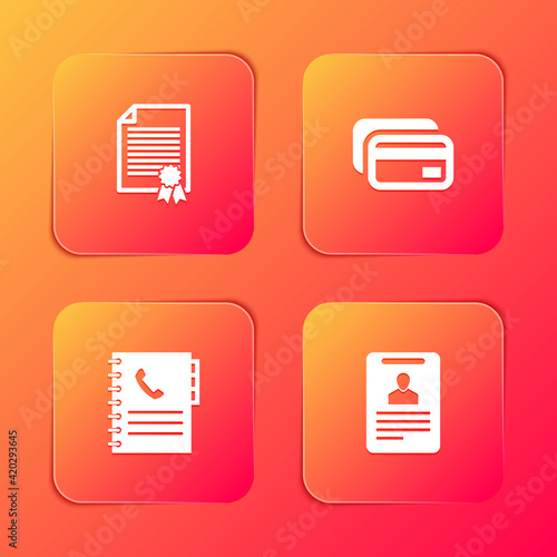 Set Certificate template, Credit card, Phone book and Identification badge icon. Vector