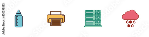 Set Baby bottle, Printer, Server, Data, Web Hosting and Cloud with snow and rain icon. Vector