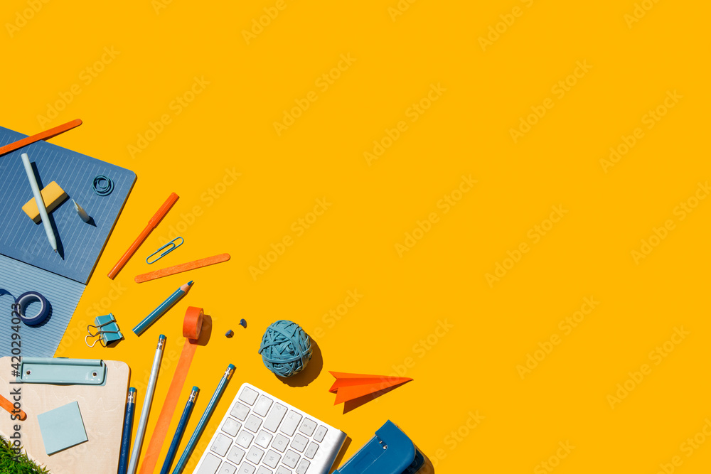 School supplies and pencil case. Back to school concept.	 - obrazy, fototapety, plakaty 