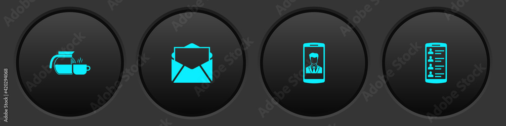 Set Coffee pot with cup, Mail and e-mail, Smartphone contact and contacts icon. Vector Set Coffee pot with cup, Mail and e-mail, Smartphone contact and contacts icon. Vector