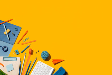 School supplies and pencil case. Back to school concept.	