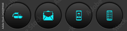 Set Coffee pot with cup, Mail and e-mail, Smartphone contact and contacts icon. Vector