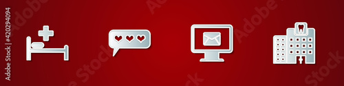 Set Hospital bed, Like and heart, Monitor envelope and Dental clinic icon. Vector