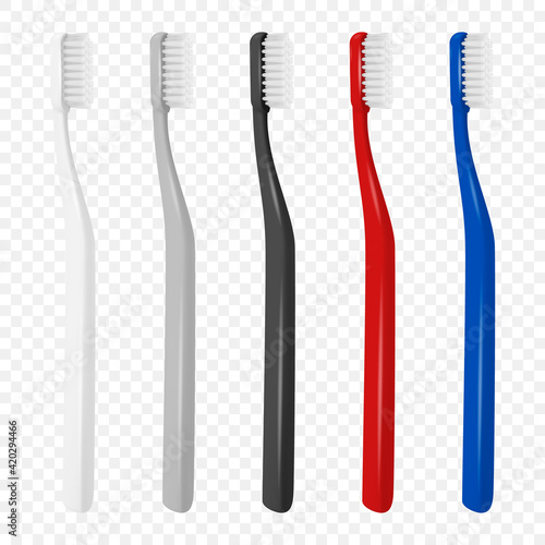 Vector 3d Realistic Plastic Blank Toothbrush Icon Set Isolated on Transparent Background. Design Template, Mockup. Dentistry, Healthcare, Hygiene Concept. Tooth Brush in Front, Side, Top View