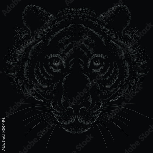 The Vector logo tiger for tattoo or T-shirt design or outwear.  Hunting style big cat print on black background. This hand drawing is for black fabric or canvas.