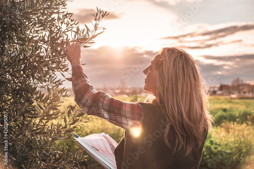 Female field engineer using a note book in agricultural plantation of olives. Integration of women in the field, agriculture and happy women concepts