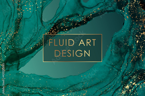 Modern abstract background design or card template for birthday greeting or wallpaper or poster with turquoise green watercolor waves or fluid art in alcohol ink style with golden splashes.