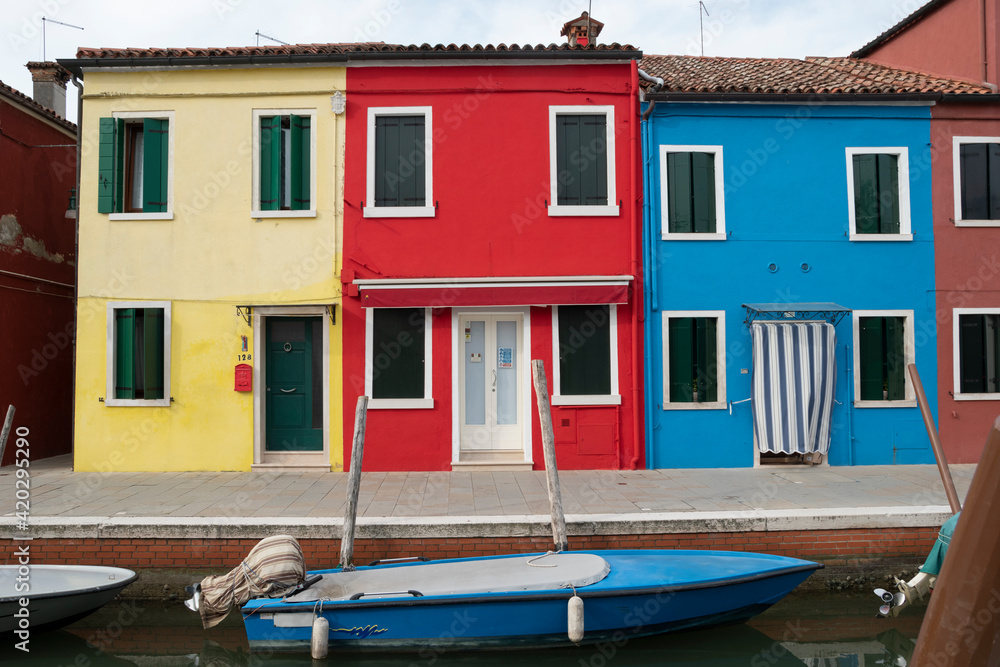 Burano island, characteristic view of colorful houses, Venice lagoon, Italy, Europe