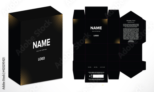 Luxury Packaging box design template. Luxury Perfume Packaging Box Design, Box die line, 3d Box Mockup labels, icon, frames and Design elements, 3d Illustration, Vector design Template. 