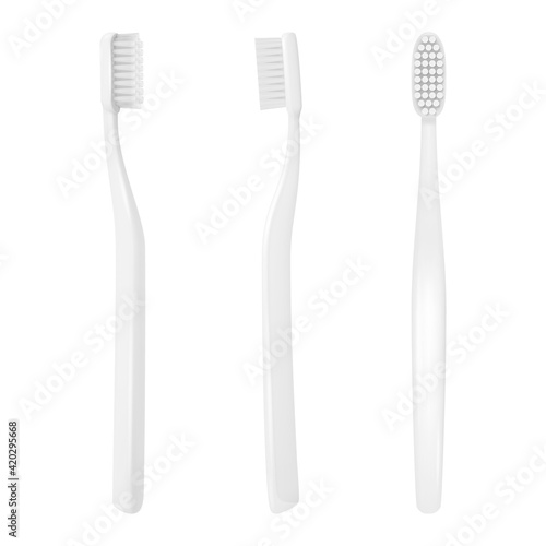 Vector 3d Realistic White Plastic Blank Toothbrush Icon Set Isolated on White Background. Design Template, Mockup. Dentistry, Healthcare, Hygiene Concept. Tooth Brush in Front, Top, Side View